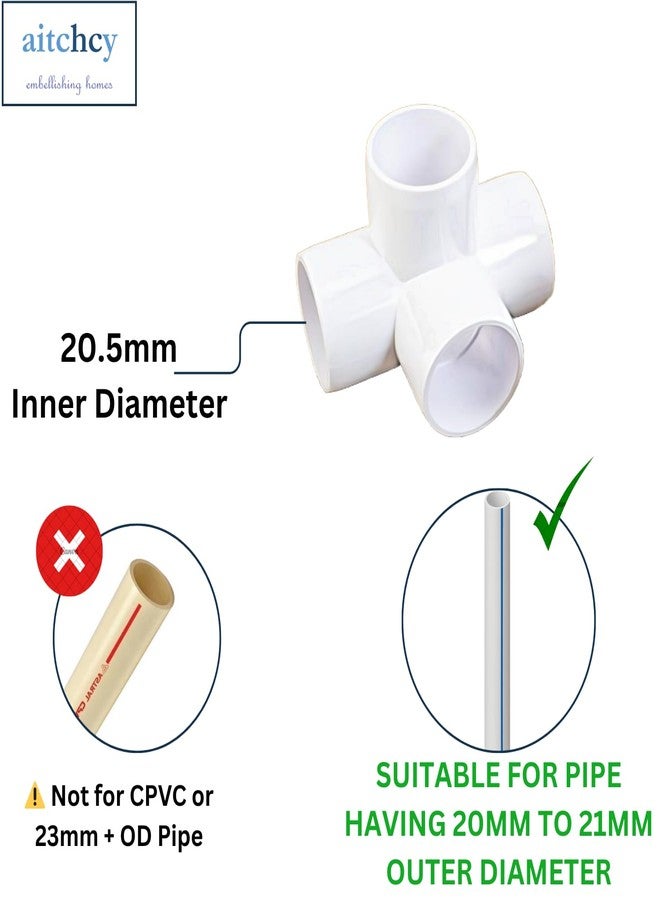 Aitchcy 4 Way PVC Elbow for 20mm to 21mm Outer Diameter Pipes Only | Heavy Duty 4 Way Connector for Furniture & DIY | 4 Way PVC Pipe Joint (Not for CPVC or 23mm+ OD Pipe) (Pack of 4) - Image 2